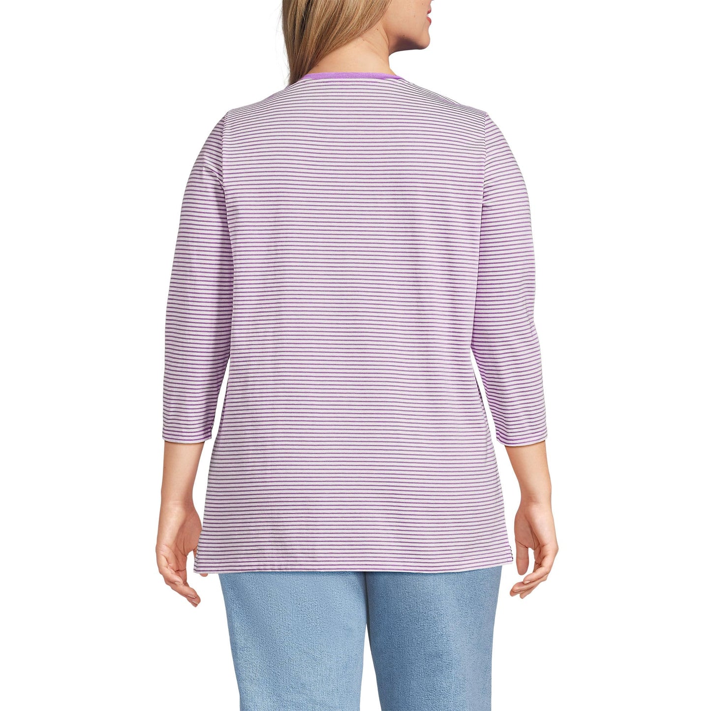 Lands' End Womens 3Q Cotton Supima Crew Neck Tunic Soft Orchid Micro Stripe Tall Medium