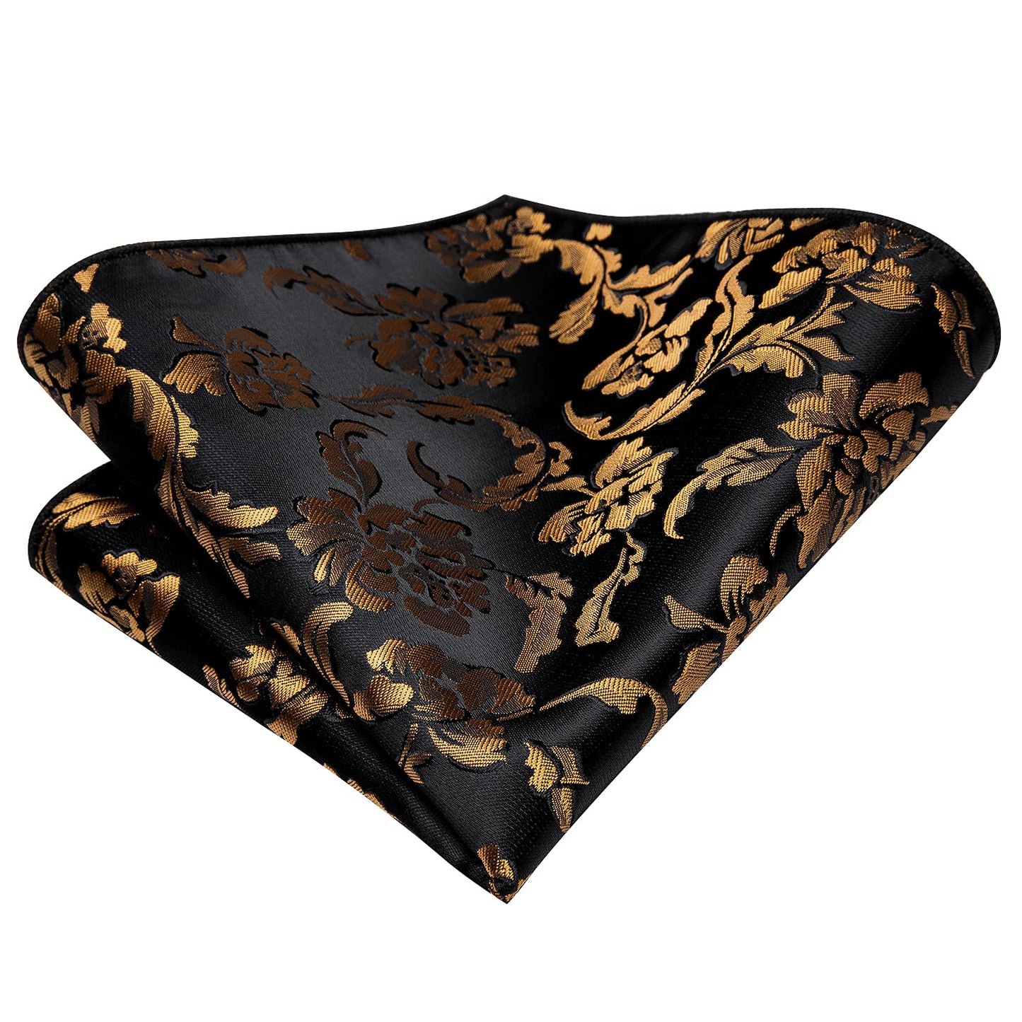 Hi-Tie 70'' Black Gold Ties for Men Silk Extra Long Floral Mens Ties Set Necktie and Pocket Square Cufflink for Wedding