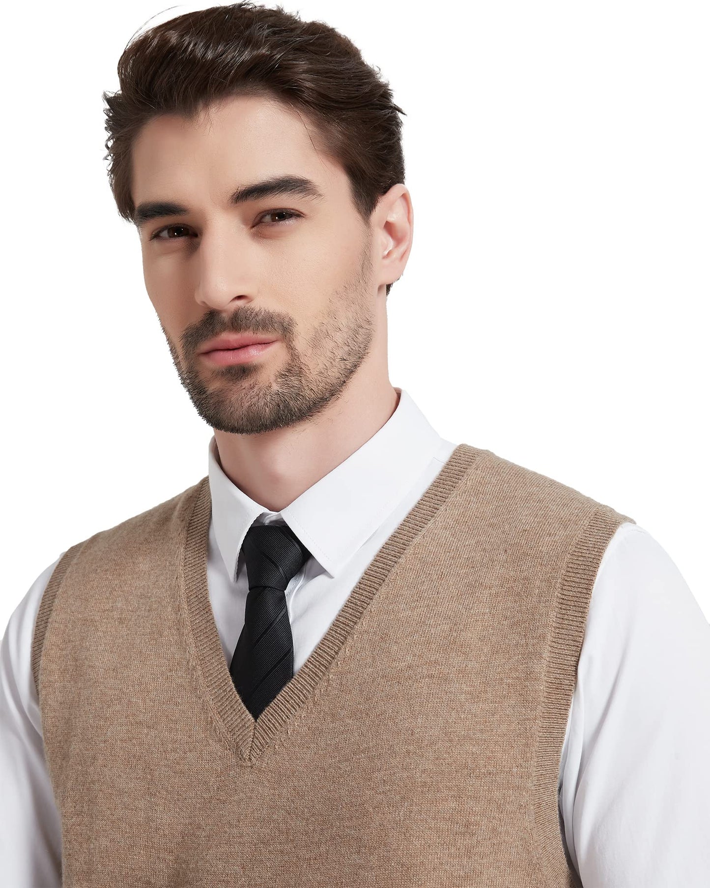 Kallspin Men's Big & Tall Wool Blended Vest Sweater Relaxed Fit V Neck Sleeveless Knitted Pullover (Coffee 3XL-Tall)