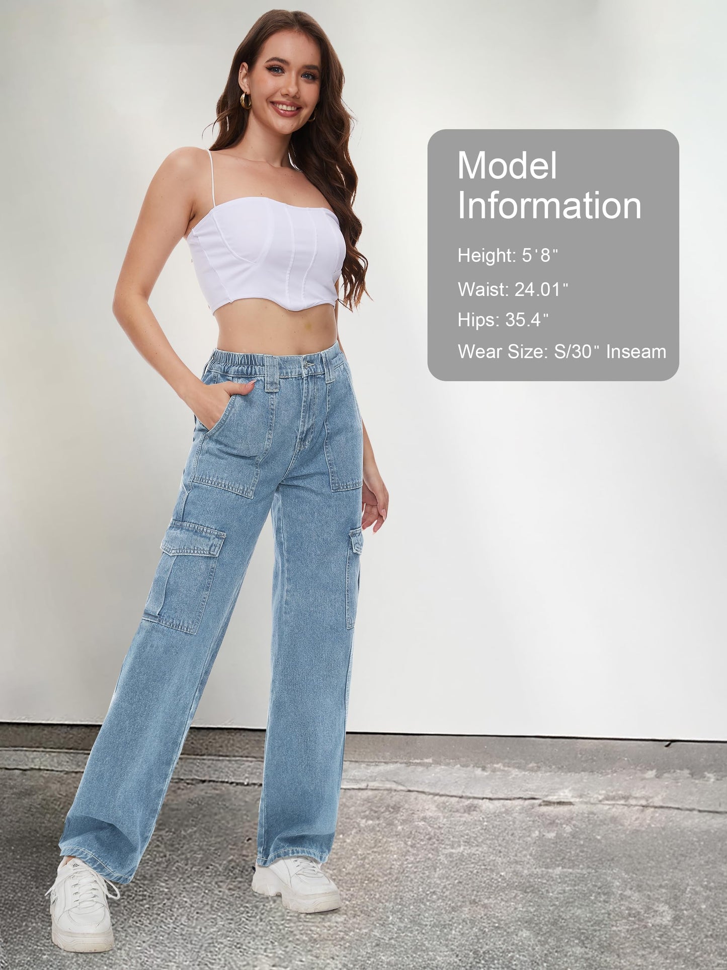 Tapata Women's 26"/28"/30"/32"/34" Cargo Jeans Straight Leg Short Petite Regular Tall Denim Y2K Pants Light Blue, XL