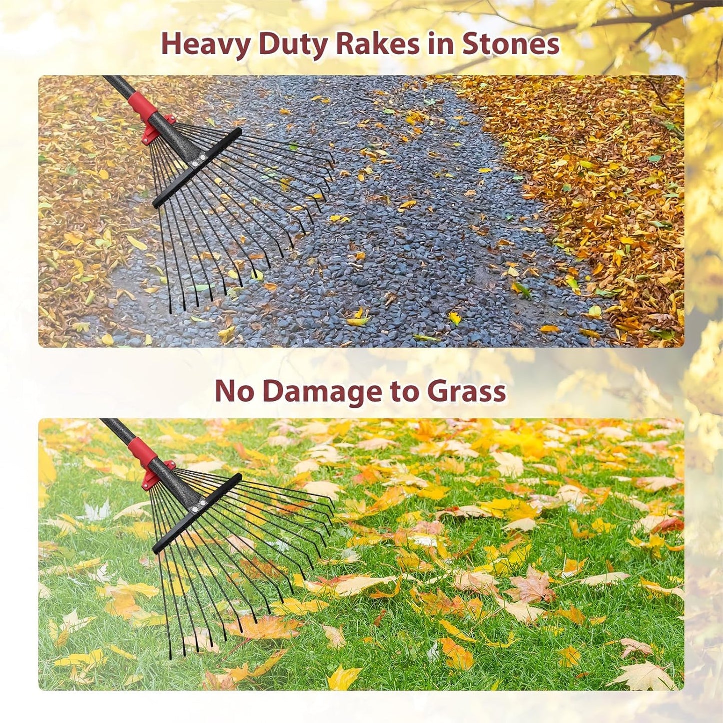 TAILERNRUYE 91 Inch Rake for Leaves , Adjustable 18 Tines with Expandable Head 9-18in Grass Rake Heavy Duty Metal Rakes for Women Children Yard Gardener Gardening Grass Debris Lawns