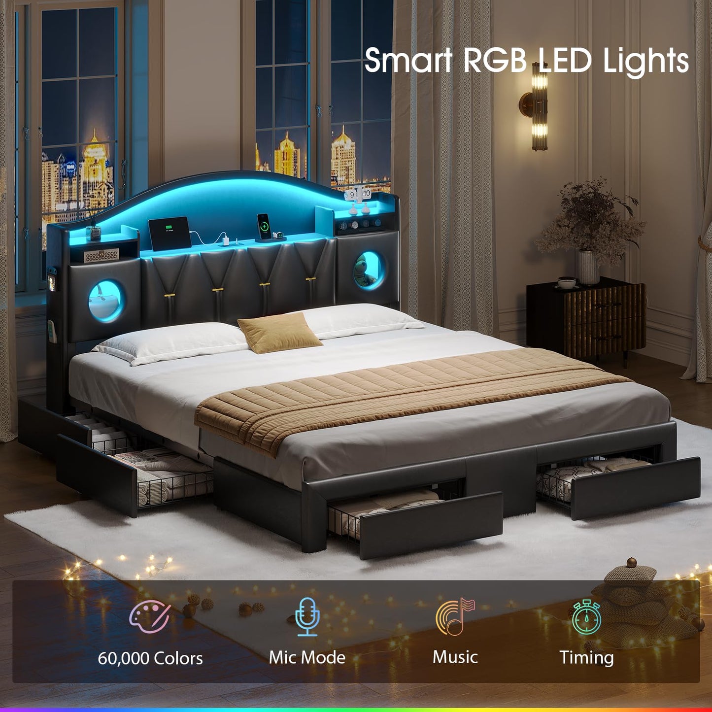 California King Bed Frames, Cal King Bed Frame with Storage Headboard & 6 Drawers, Platform Bed with with LED Lights & Charging Station, Noise-Free, No Box Spring Needed, Easy Assembly, PU Black