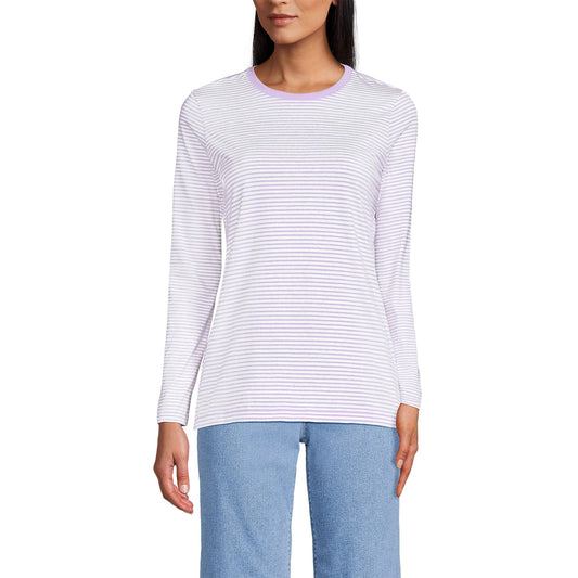 Lands' End Womens Long Sleeve Relaxed Supima Cotton Crew Neck T Shirt Lilac Petal/Ivory Micro Stripe Tall Large