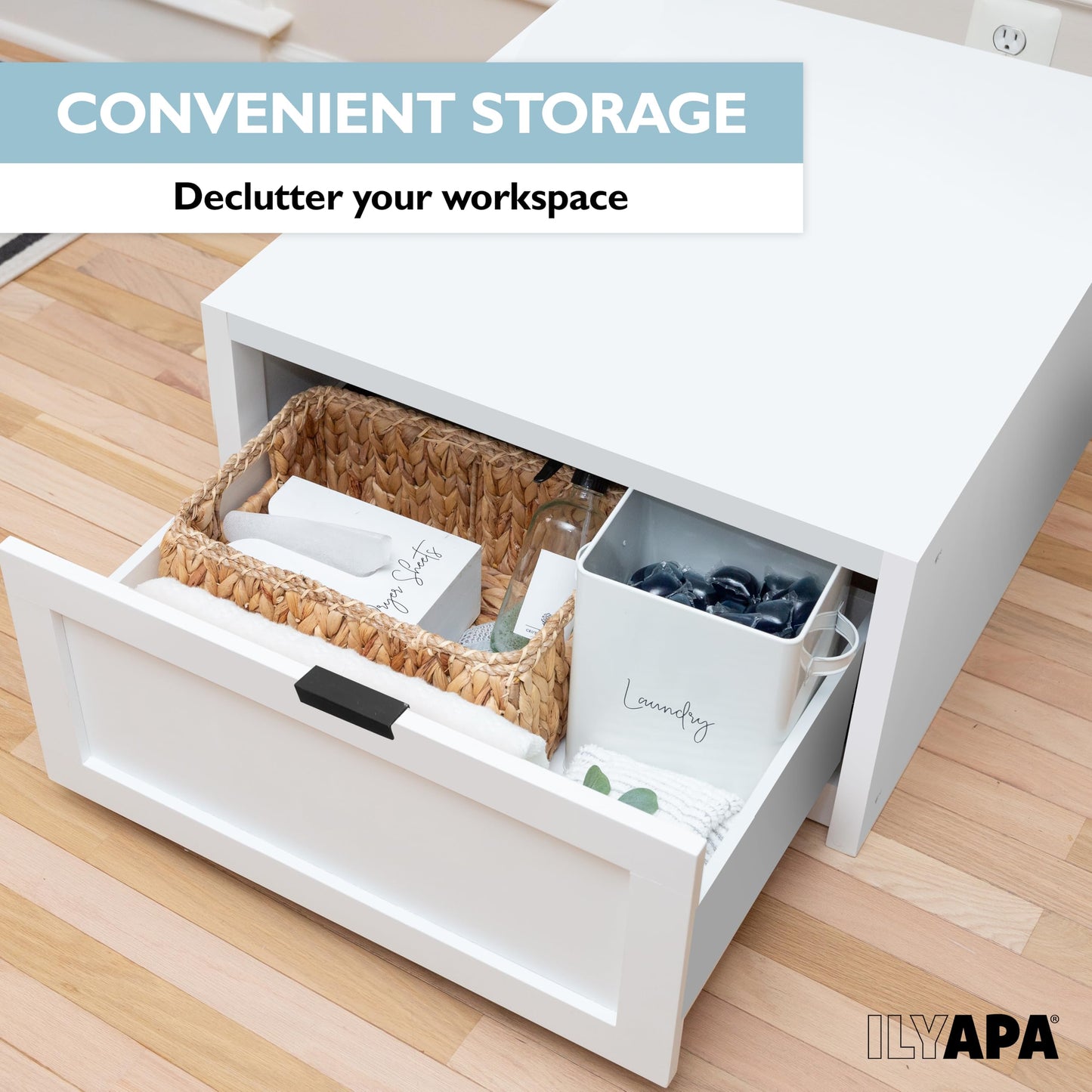 Ilyapa Washer and Dryer Stand - Universal Wooden Laundry Pedestal with Drawer - Compatible with Samsung, LG, GE, Maytag - 28x28x16 in. Patent Pending