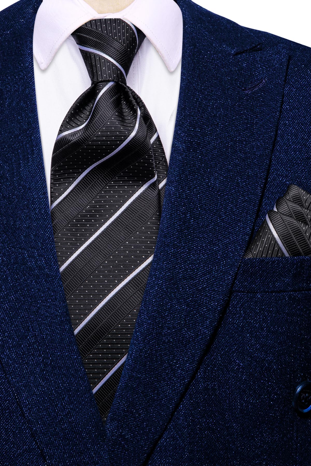 Hi-Tie Black and White Tie 63'' Long Ties for Men Silk Mens Ties Set Suit Necktie and Pocket Square Cufflink for Wedding