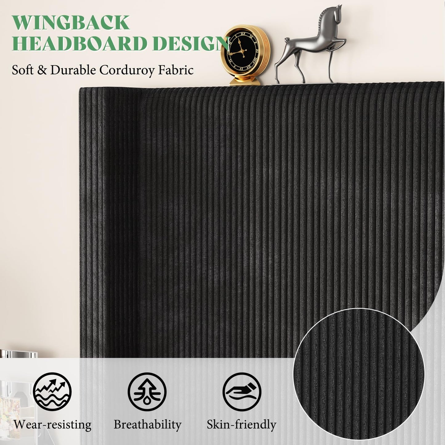 AMERLIFE California King Size Upholstered Bed Frame with 50.8" Tall Headboard, Wingback Platform Bed with Solid Wood Legs, Wooden Slats, Corduroy/No Box Spring Needed/Noise Free/Black