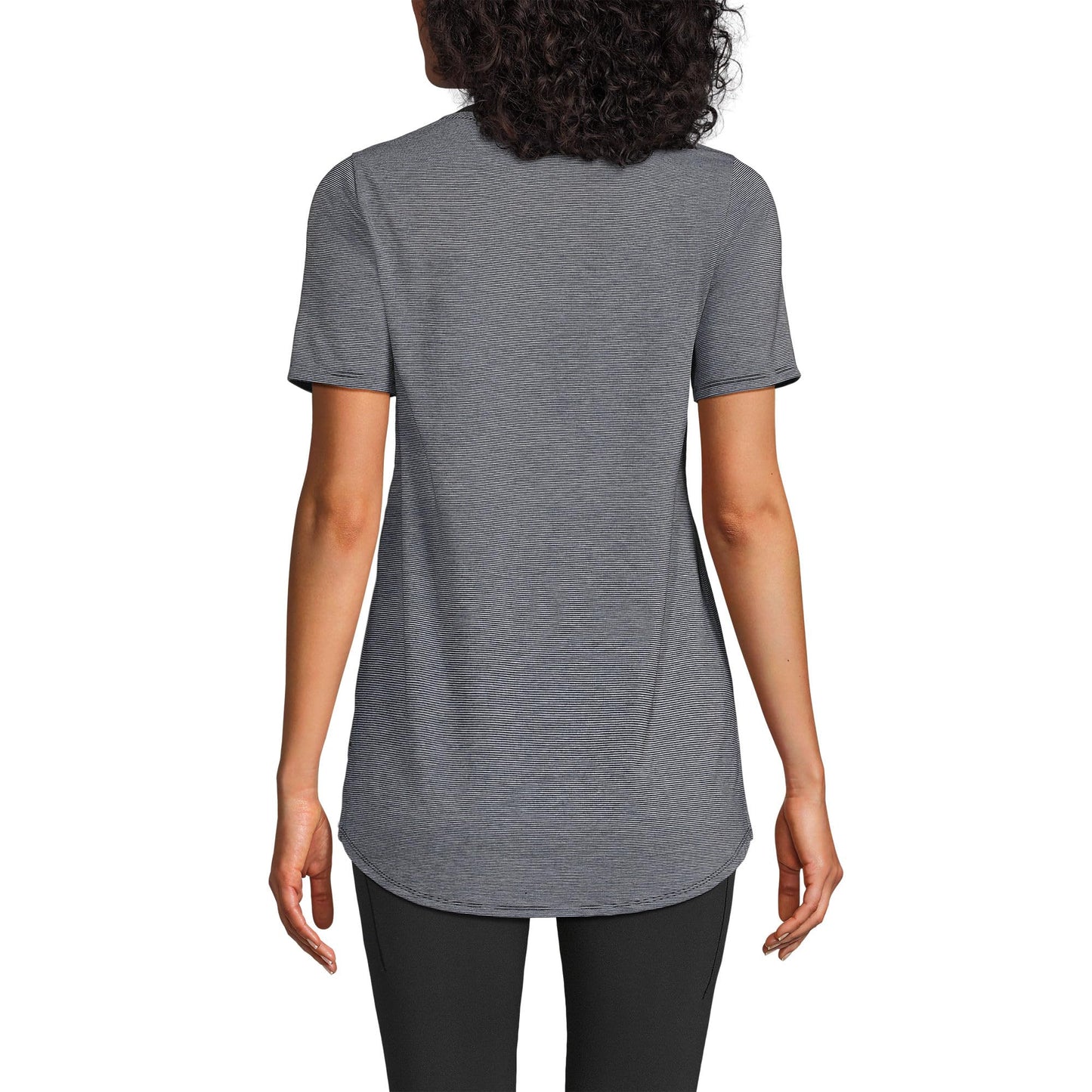 Lands' End Women's Tall Women's Short Sleeve Power Performance Scoop Neck Curved Hem Tunic Tee Large Black Pinstripe