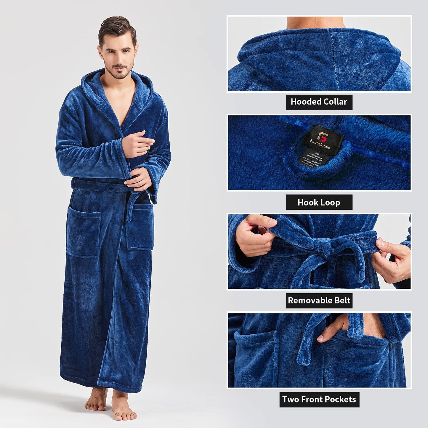 FashGudim Mens Robes Big and Tall with Hood Flannel Fleece Men Bathrobe with Hood Full Length Plush Long Robe Warm House Robe (Navy, 5XL)