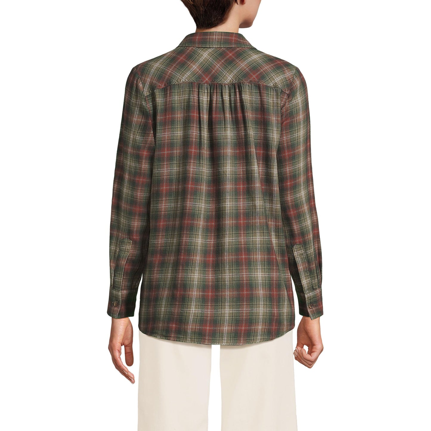 Lands' End Womens Flannel Boyfriend Long Sleeve Shirt Sunwashed Olive Multi Plaid Tall Large