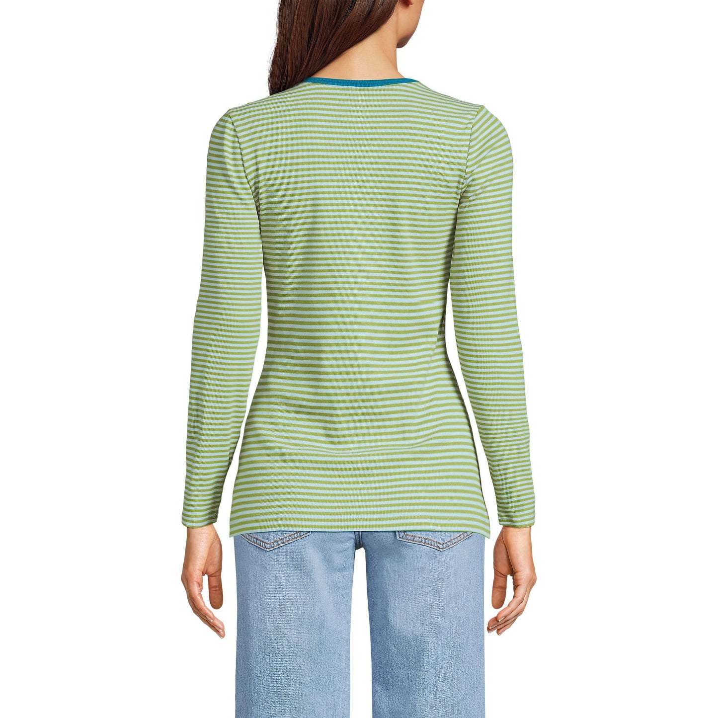 Lands' End Womens Long Sleeve Micro Rib Crew Ice Blue/pear Tiny Stripe Tall X-Large
