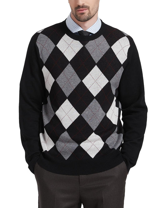 Kallspin Men's Wool Blend Crewneck Sweater Argyle Long Sleeve Pullover Sweater for Casual Or Dressy Wear(Black,L-Tall)