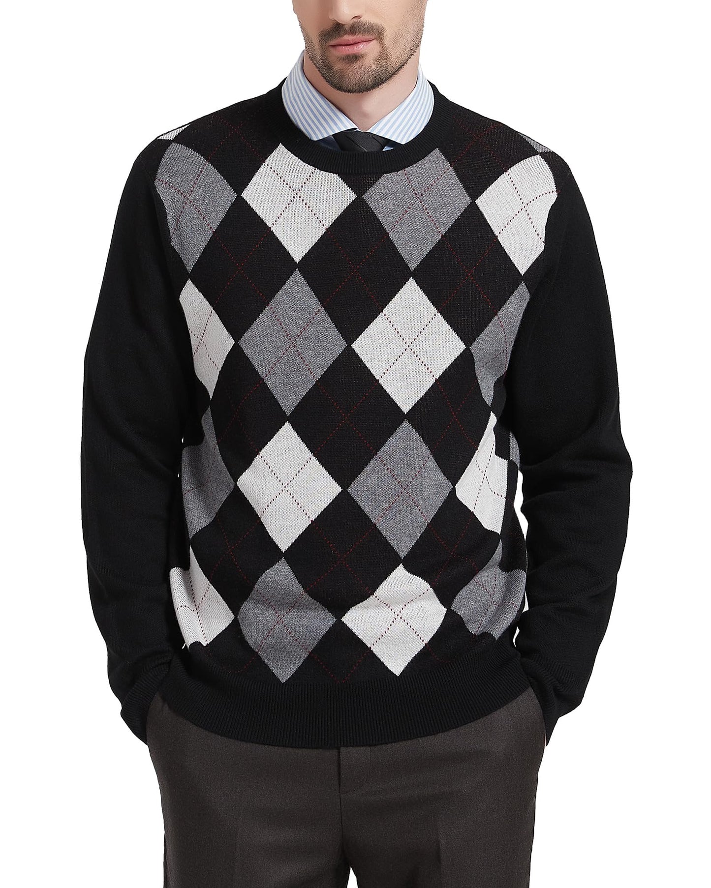 Kallspin Men's Wool Blend Crewneck Sweater Argyle Long Sleeve Pullover Sweater for Casual Or Dressy Wear(Black,XL-Tall)
