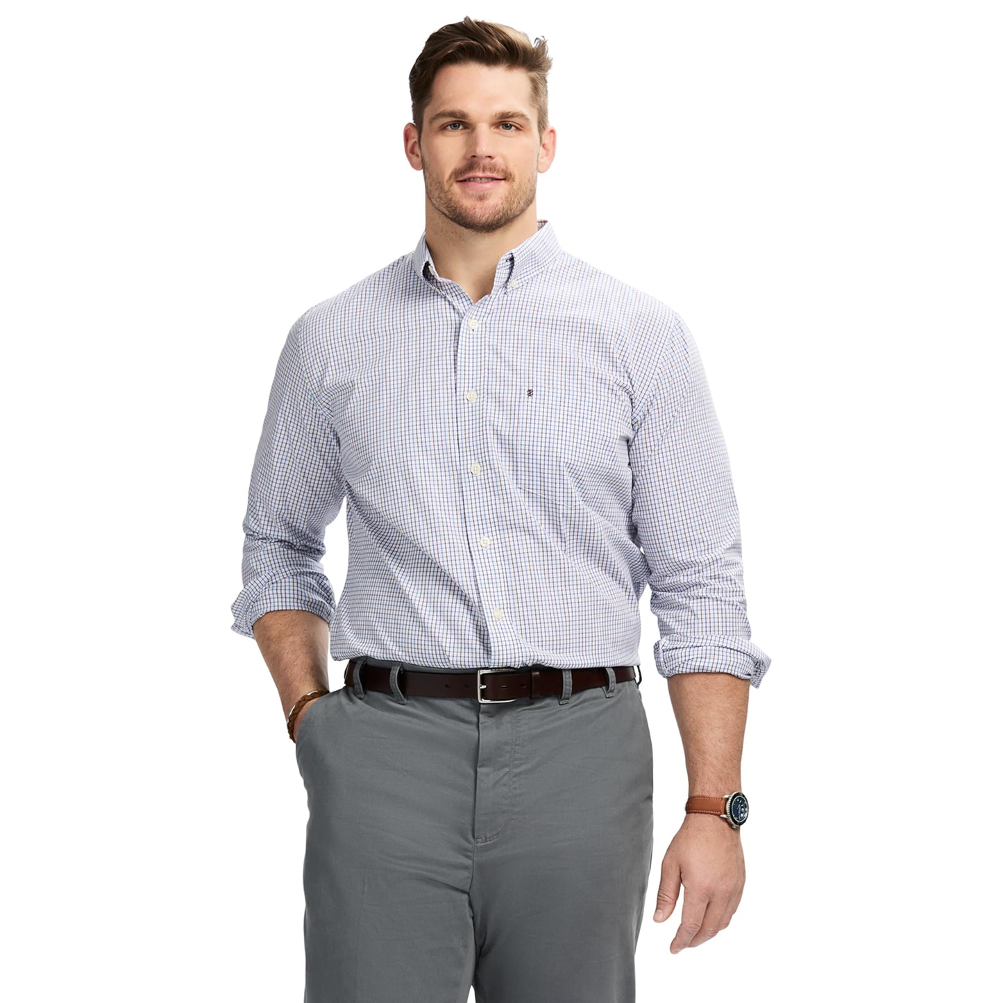 IZOD Men's Big and Tall Performance Comfort Long Sleeve Gingham Button Down Shirt, Sunset Purple