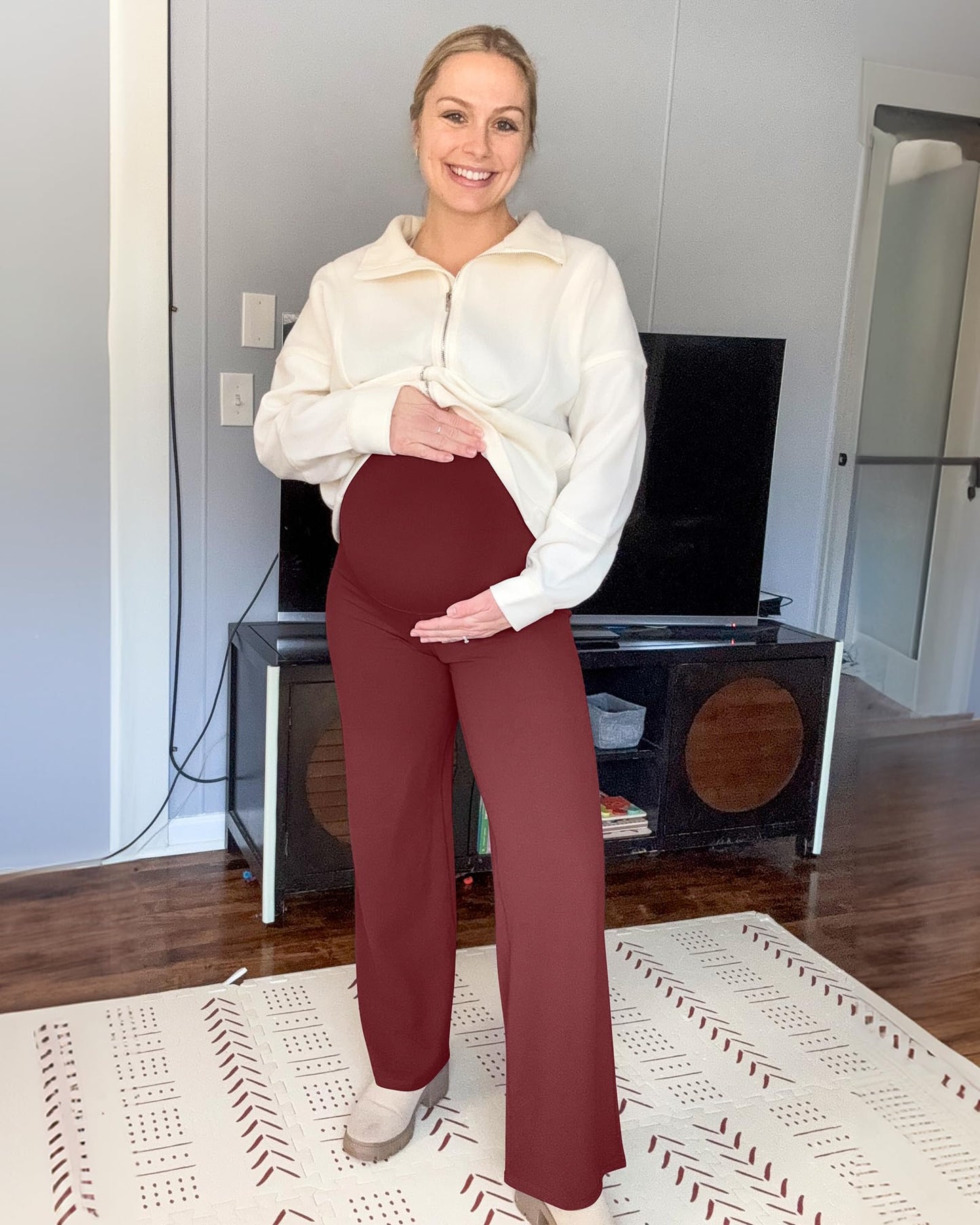G4Fre Pregnancy Pants for Women Wide Leg Yoga Maternity Scrub Pants Over The Belly Stretchy Slacks for Casual Athletic Workout (Dark Burgundy,XXL,32")