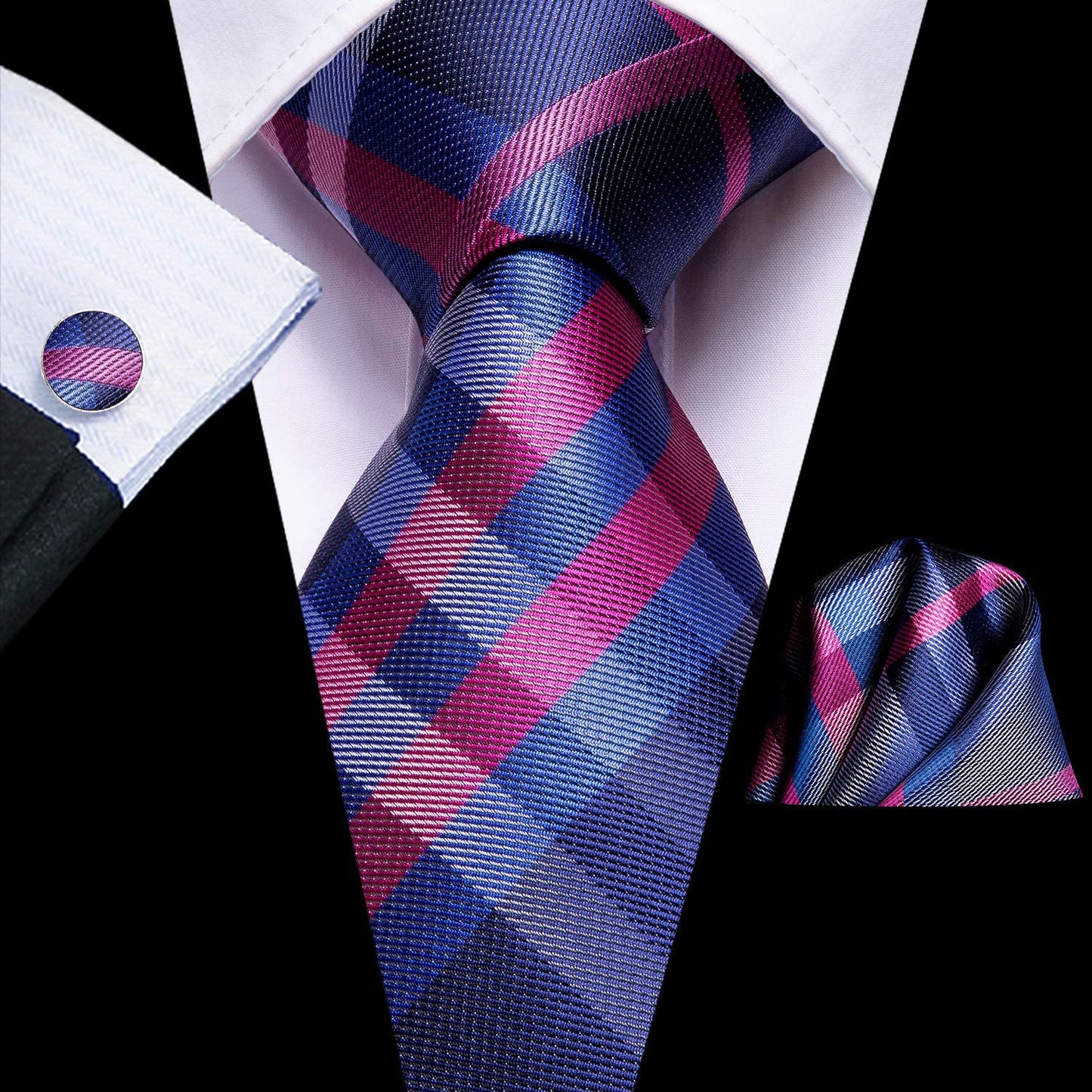Hi-Tie Navy Blue Rose Ties for Men 70'' Silk Men's Ties Set Plaid Checks Necktie and Pocket Square Cufflinks for Wedding