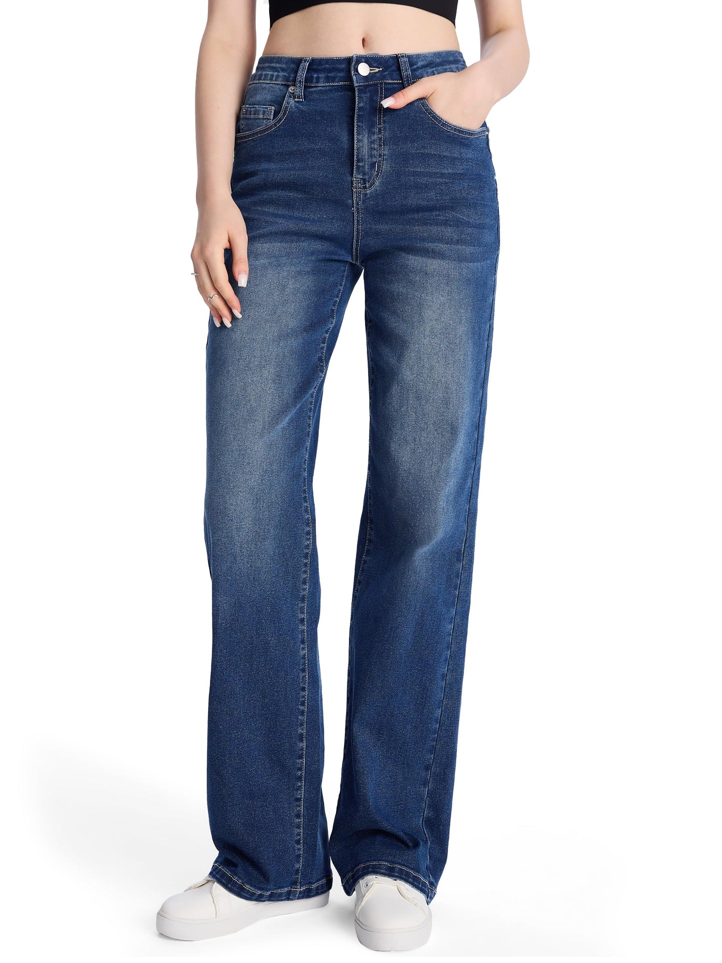 SEVEGO Women's 32"/34"/36" Tall Straight Leg Jeans Mid Waisted Stretchy Loose Denim Pants Casual Baggy Jean Trousers 36'', Blue, XXL