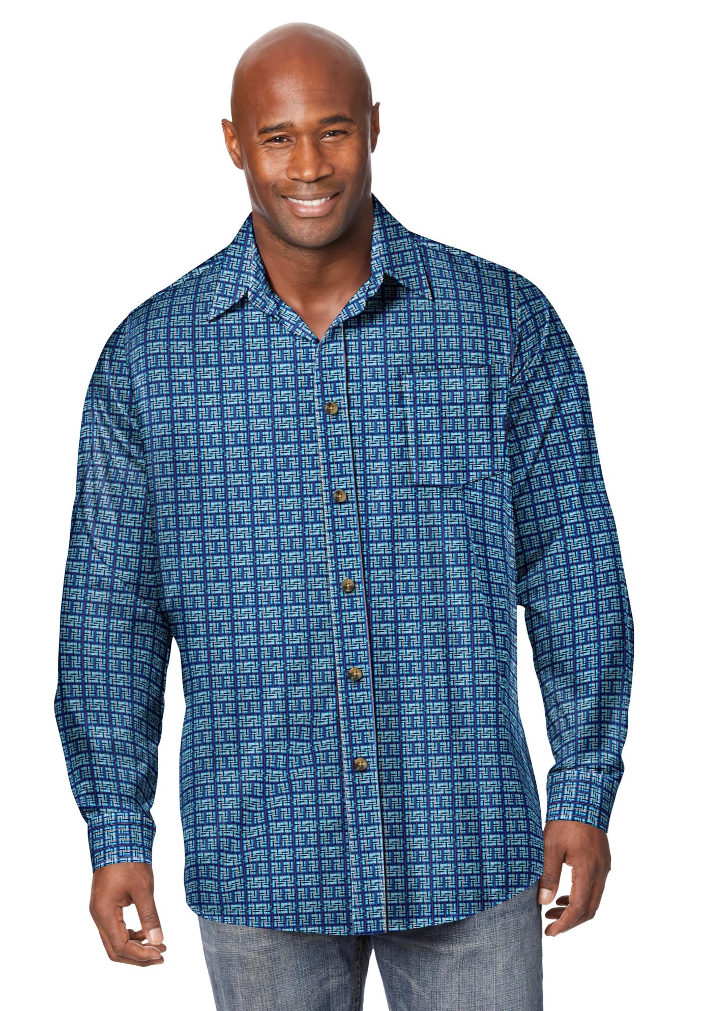 KingSize Men's Big & Tall The No-Tuck Casual Shirt - 5XL, Blue Geo