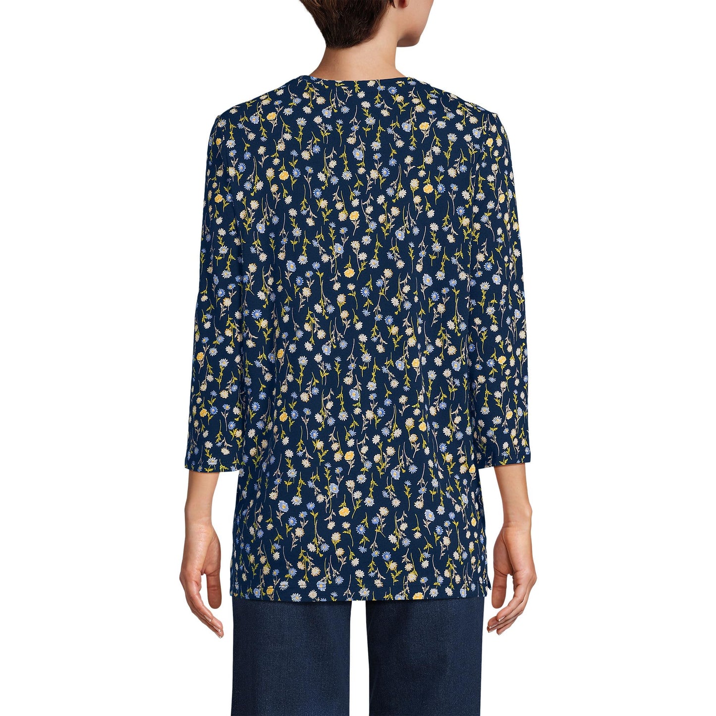 Lands' End Womens 3Q Cotton Supima Crew Neck Tunic Deep Sea Navy Multi Daisy Tall Small