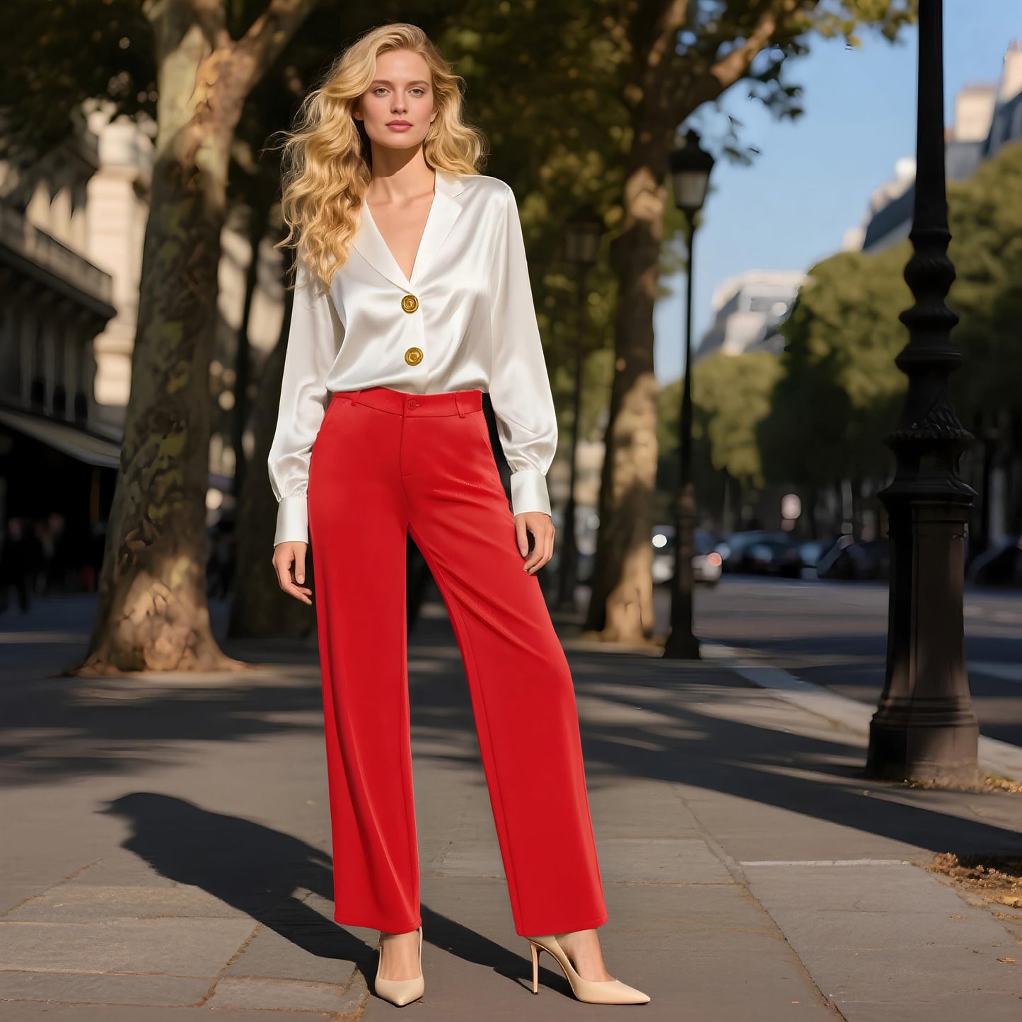 iChosy Womens High Waist Wide Straight Leg Trousers Casual Slacks Dress Pants with Pockets Red 12 Tall