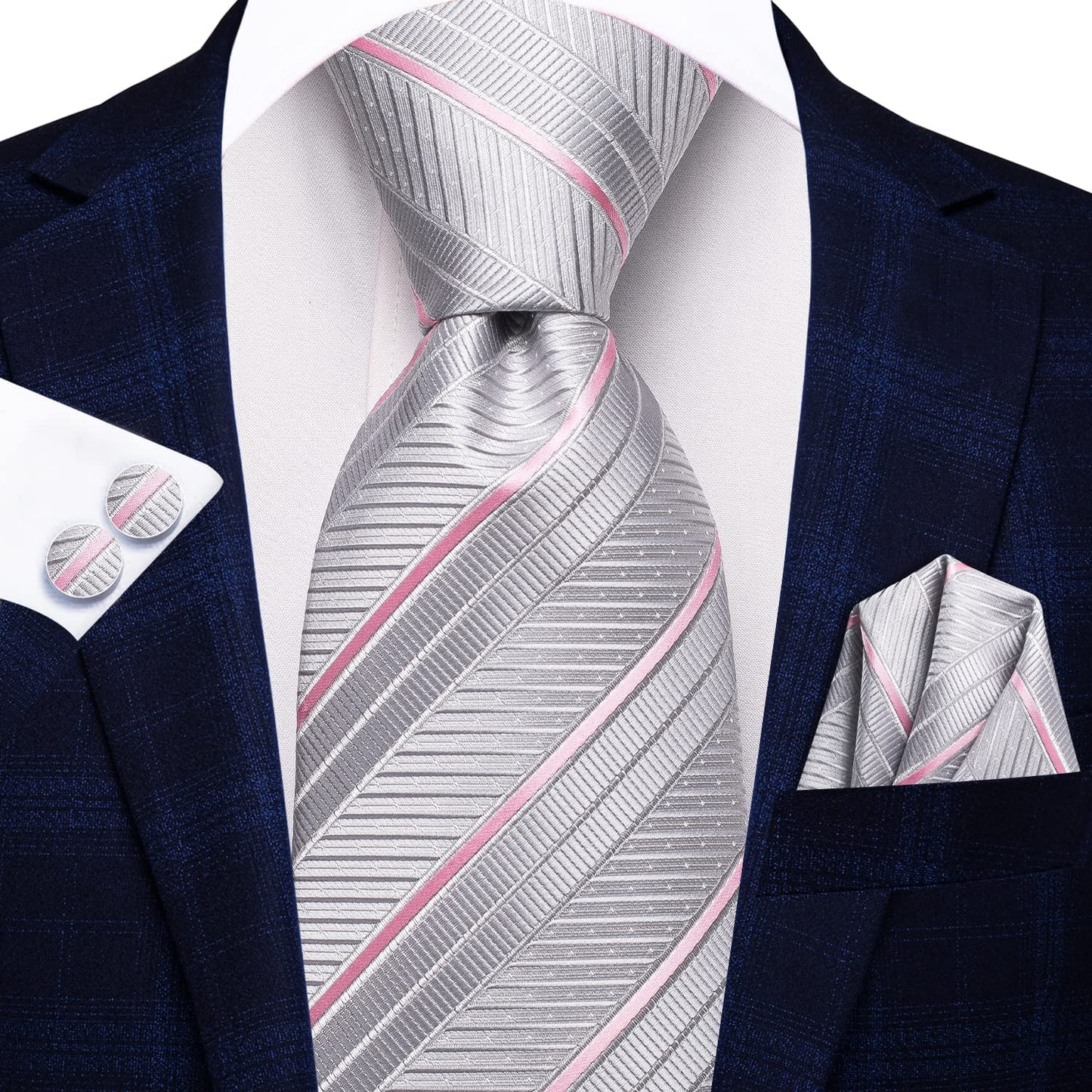 Hi-Tie Silver Ties for Men 70''Silk Extra Long Men's Ties Set Striped Necktie and Pocket Square Cufflinks for Business