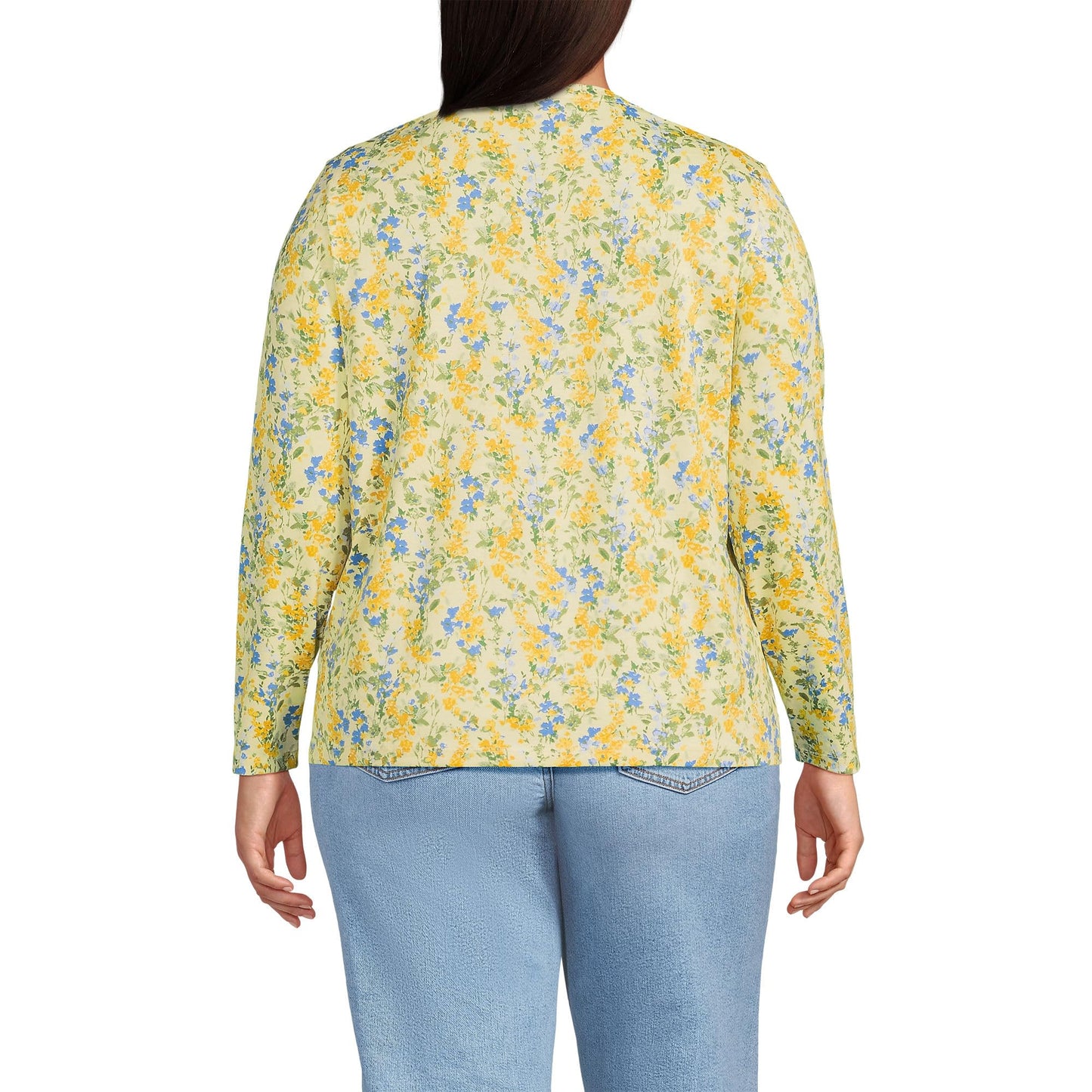Lands' End Womens Long Sleeve Relaxed Supima Cotton Crew Neck T Shirt Golden Candle Light Floral Tall Large