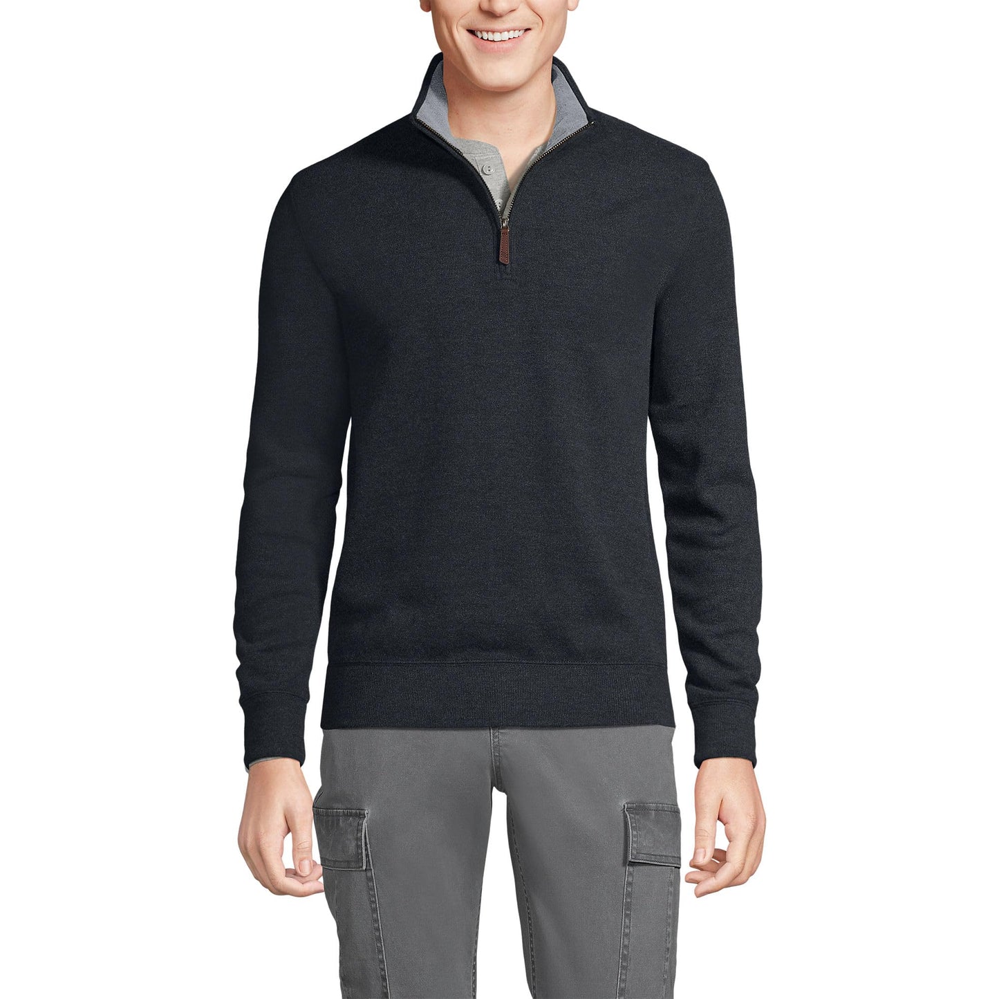 Lands' End Mens Bedford Rib Quarter Zip Sweater Dark Charcoal Heather Tall X-Large