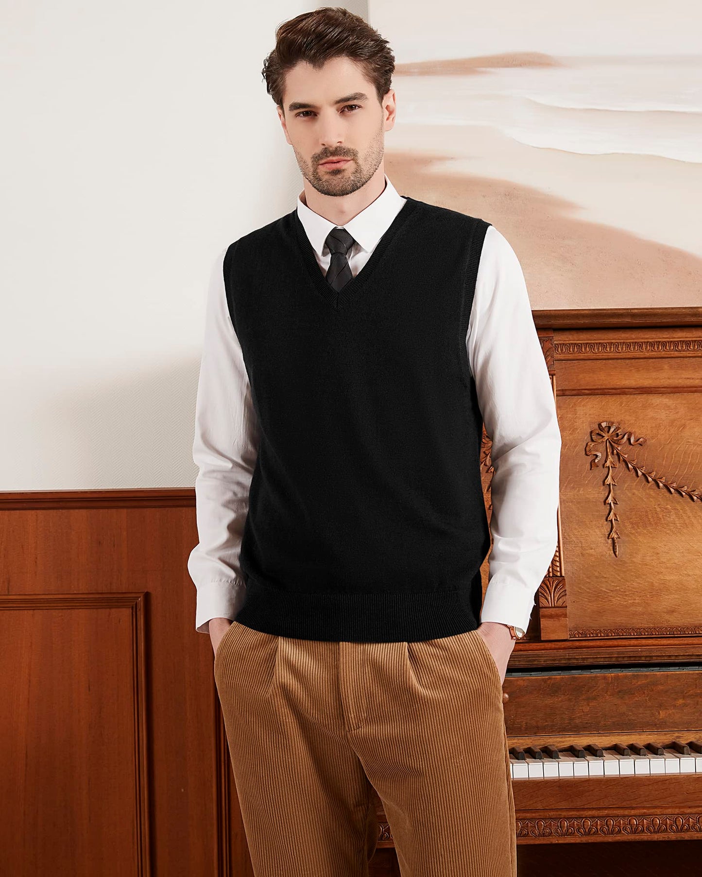 Kallspin Men's Big & Tall Wool Blended Vest Sweater Relaxed Fit V Neck Sleeveless Knitted Pullover (Black 2XL-Tall)