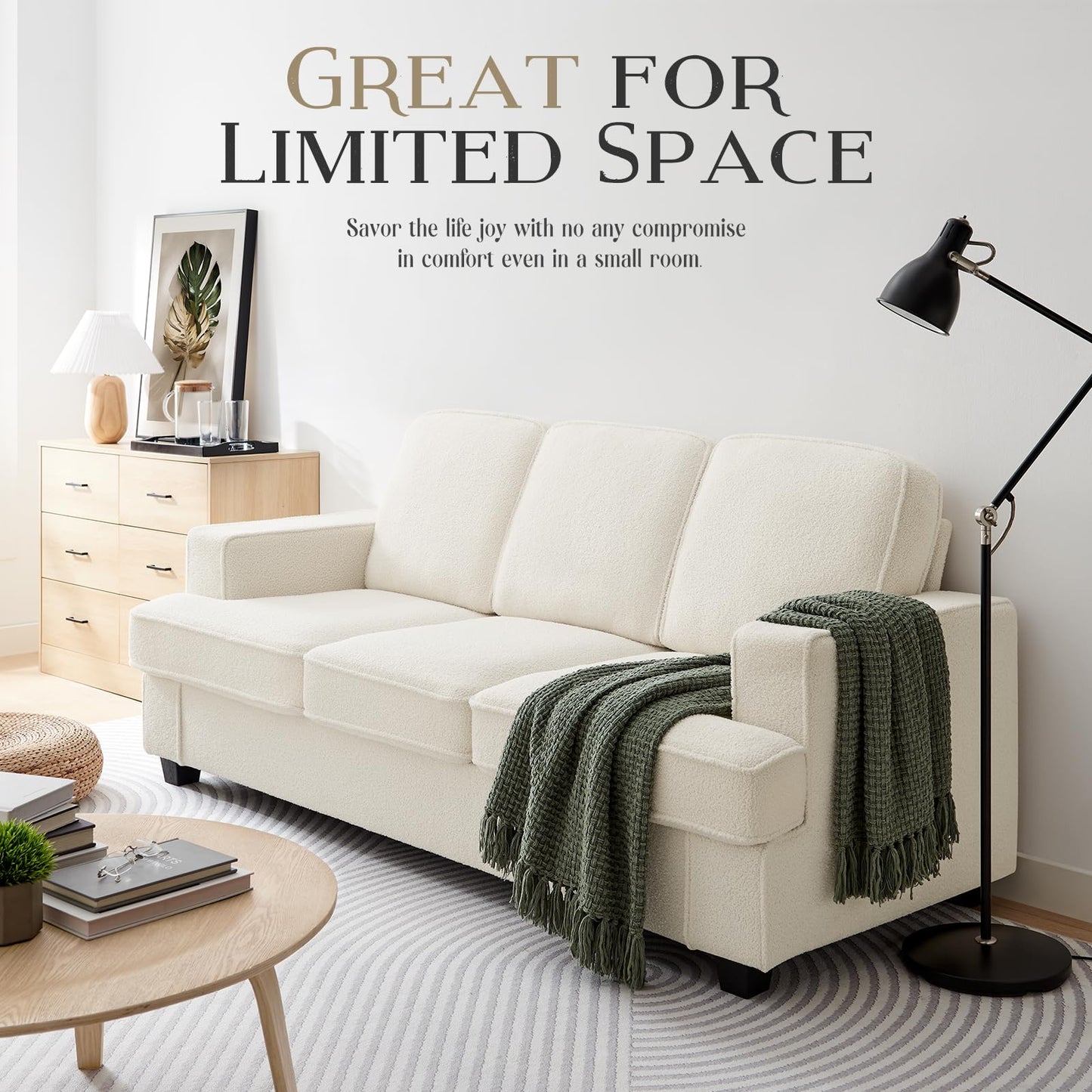 Couches for Living Room, 85” Cloud Couch in Soft Teddy Fleece, Removable Cover, Easy Assembly, Modern Sofa for Living Room/Bedroom/Office/Apartment, Beige