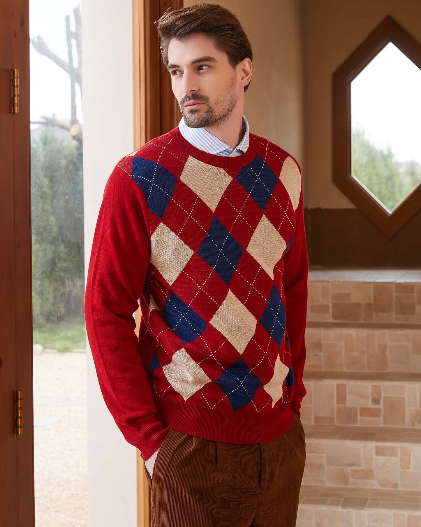 Kallspin Men's Wool Blend Crewneck Sweater Argyle Long Sleeve Pullover Sweater for Casual Or Dressy Wear(Burgundy Red,3XL-Tall)