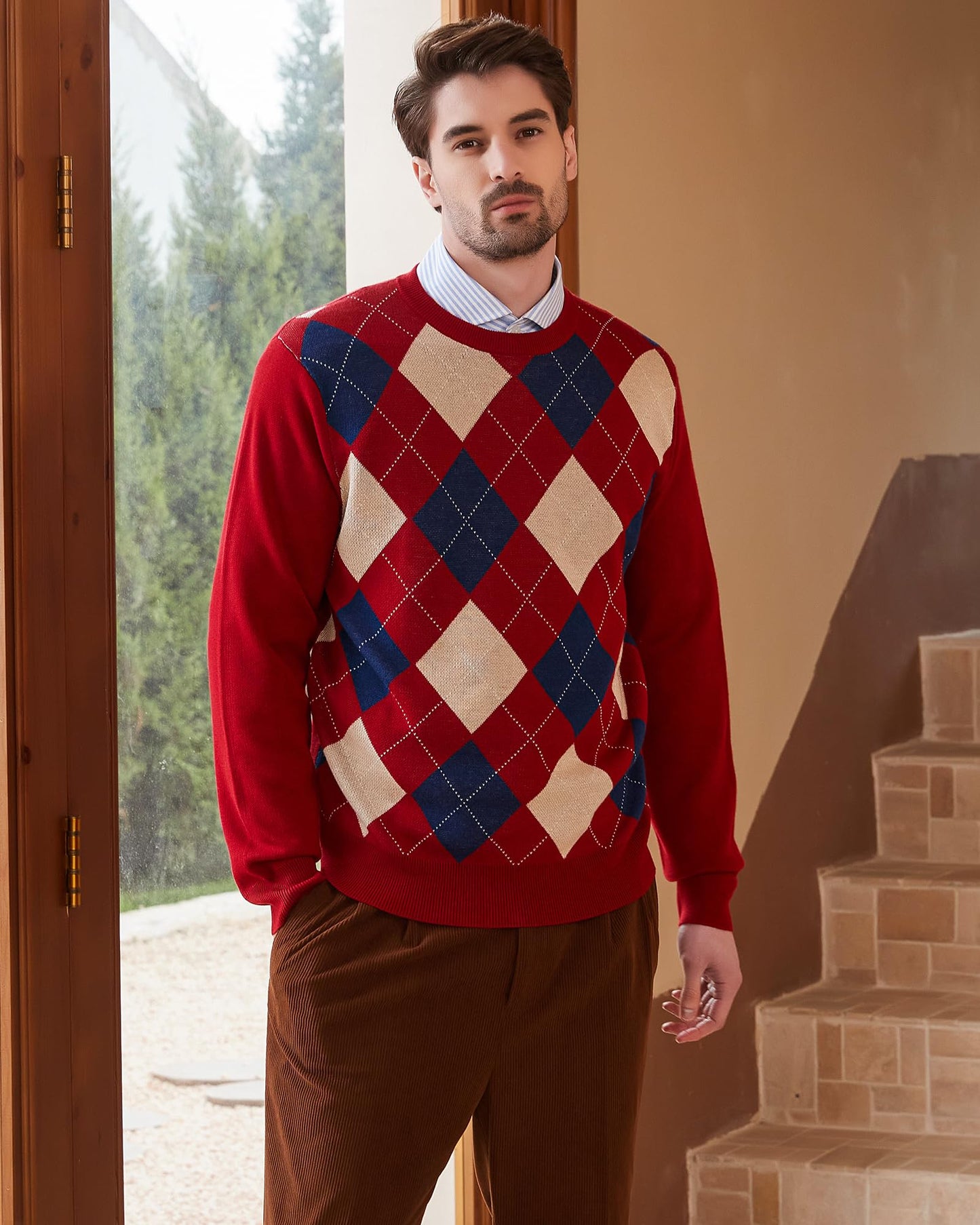 Kallspin Men's Wool Blend Crewneck Sweater Argyle Long Sleeve Pullover Sweater for Casual Or Dressy Wear(Burgundy Red,3XL-Tall)