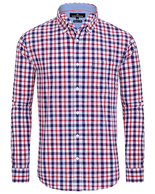 Alimens & Gentle Men's Long Sleeve Button Down Shirts Cotton Plaid Dress Shirts Regular Fit Casual Poplin Shirts Red