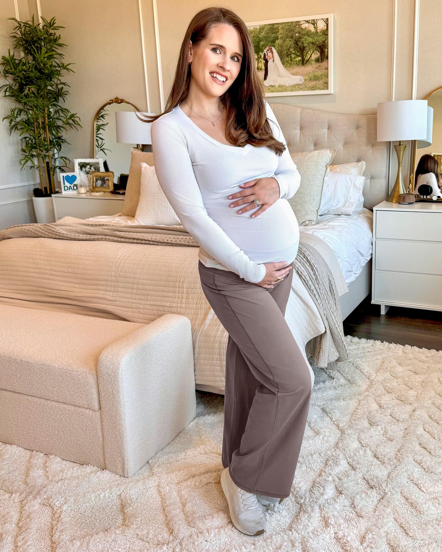 G4Free Woman Maternity Lounge Pants Over The Belly High Waist Wide Leg Pregnancy Yoga Pants for Workout Active Wear(Taupe,XXL,34")