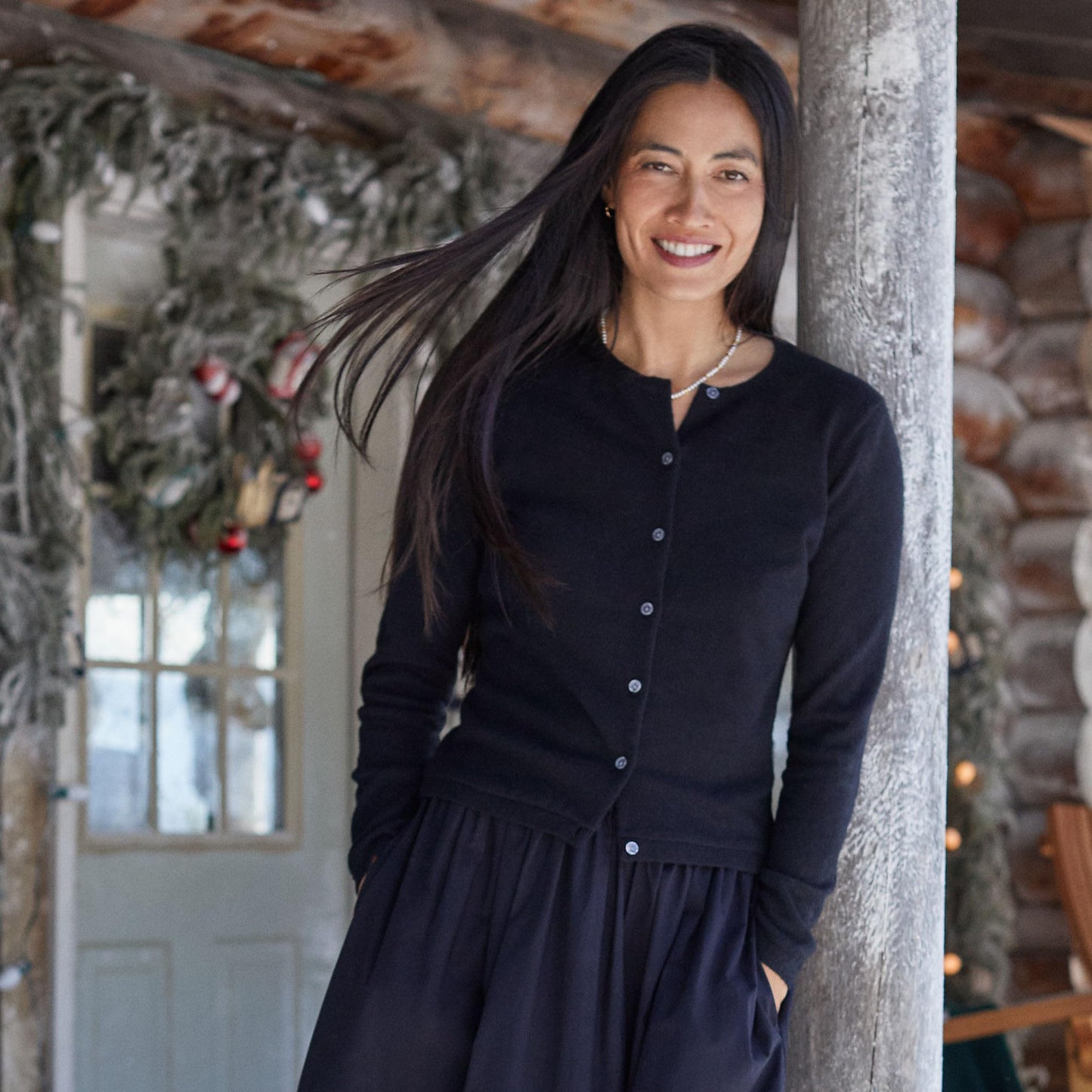 Lands' End Womens Cashmere Cardigan Sweater Black Tall Large