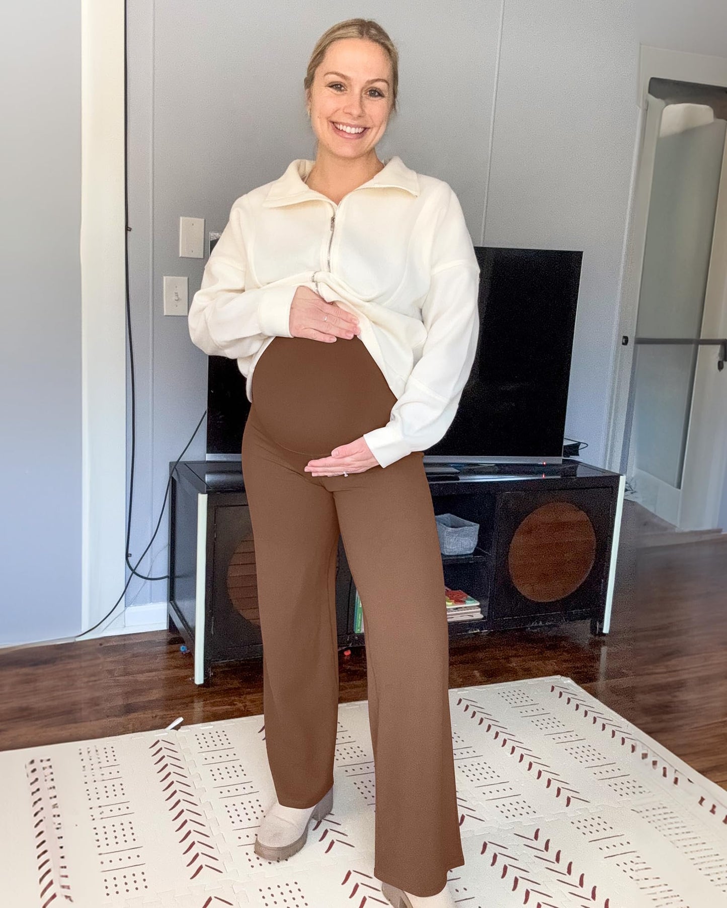 G4Free Woman Maternity Pants Yoga Wide Leg Sweatpants High Waist Trousers Fall Pregnancy Clothes Over The Belly Casual Wear(Dark Coffee,XS,34")
