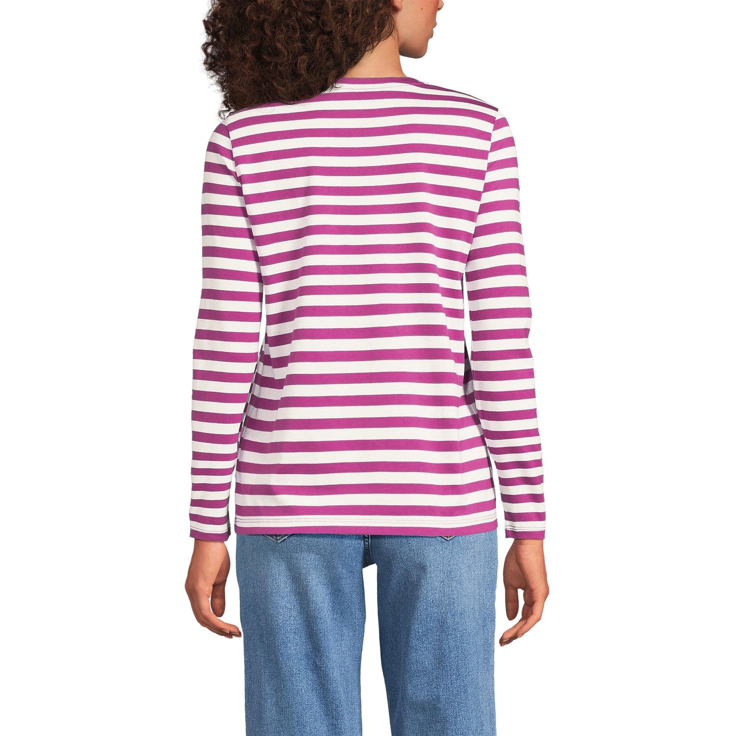 Lands' End Womens Long Sleeve Relaxed Supima Cotton Crew Neck T Shirt Light Raspberry Even Stripe Tall X-Large