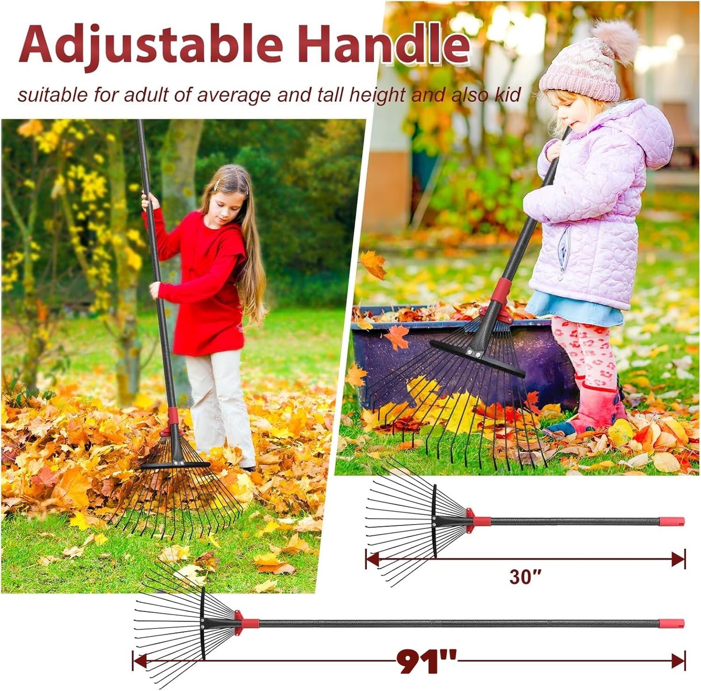 TAILERNRUYE 91 Inch Rake for Leaves , Adjustable 18 Tines with Expandable Head 9-18in Grass Rake Heavy Duty Metal Rakes for Women Children Yard Gardener Gardening Grass Debris Lawns