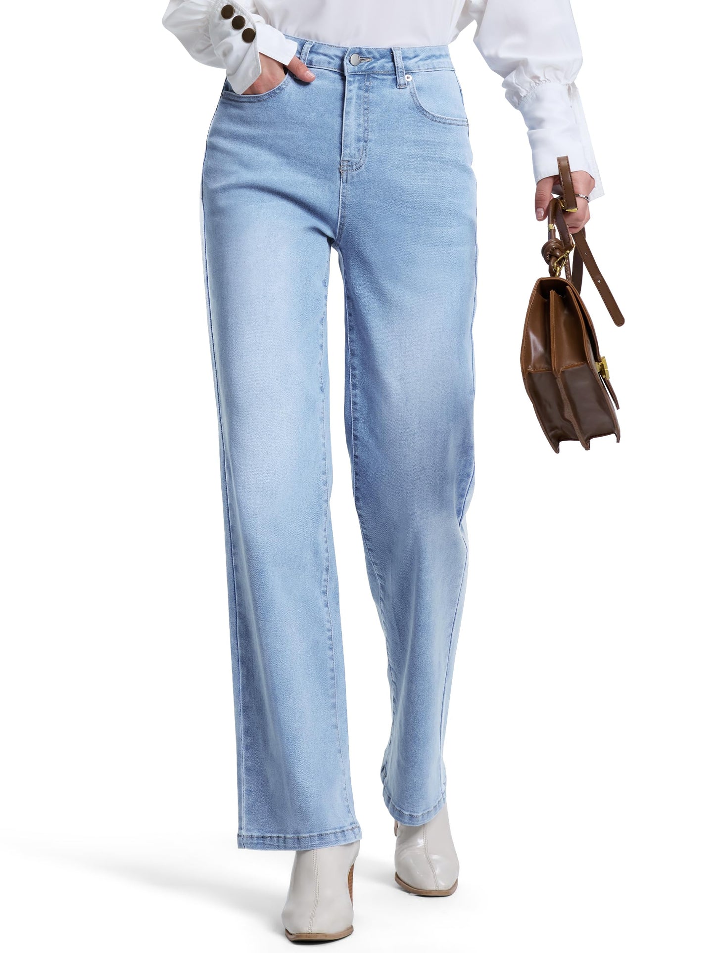 SEVEGO Women's 32"/34"/36" Tall Straight Leg Jeans Mid Waisted Stretchy Loose Denim Pants Casual Baggy Jean Trousers 36'', Light Blue, M