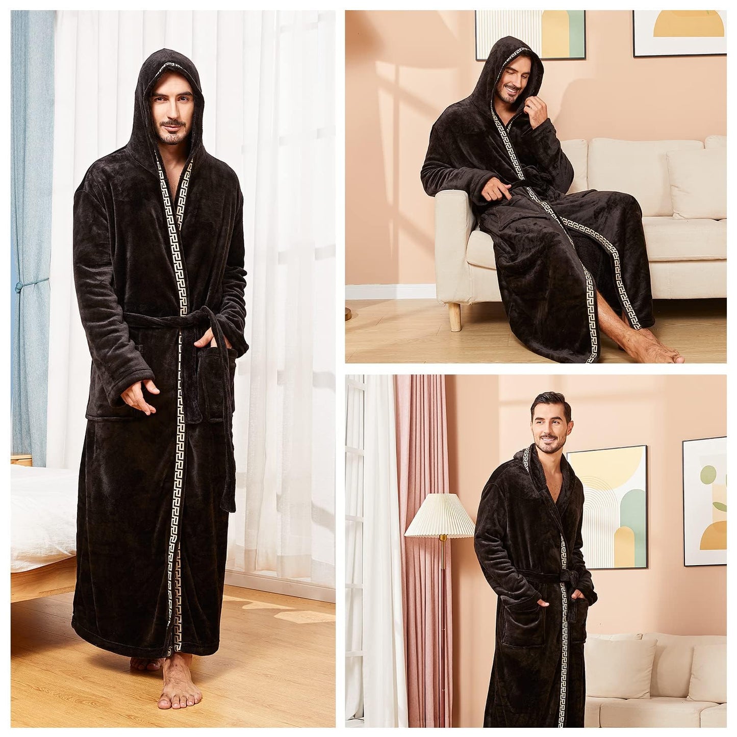 FashGudim Men's Hooded Plush Robe with Black Trim Full Length Plush Long Robe for Men Big and Tall Warm Fleece Bathrobes House Robes (Black & Black Trim, S/M)
