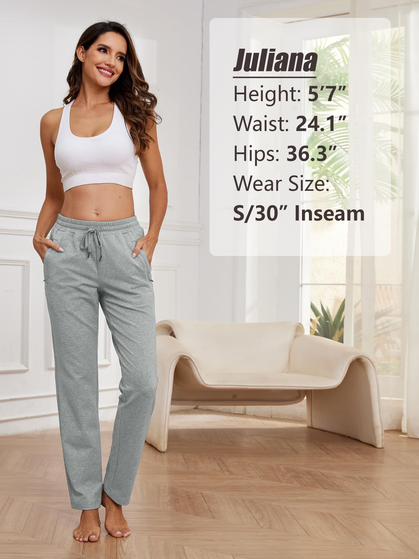 SEVEGO Women's Sweatpants Tall Cotton Yoga Lounge Casual Open Bottom Soft Workout Zipper Pocket Joggers,34",Light Grey,M