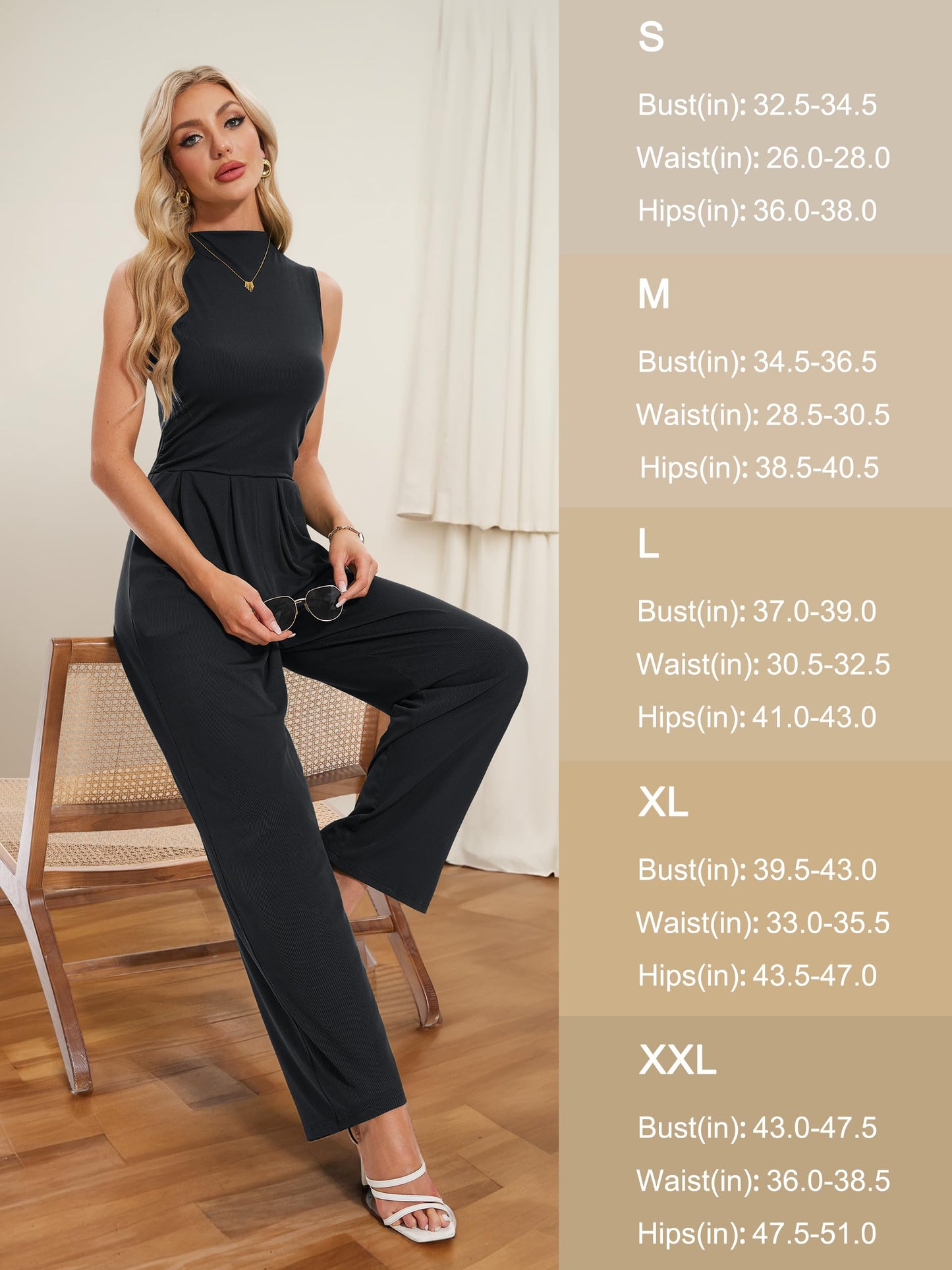 Tapata Women's Jumpsuits Dressy Casual One Piece Outfits Sleeveless Rompers Wide Leg Pants with Pockets, Tall, Black, Medium