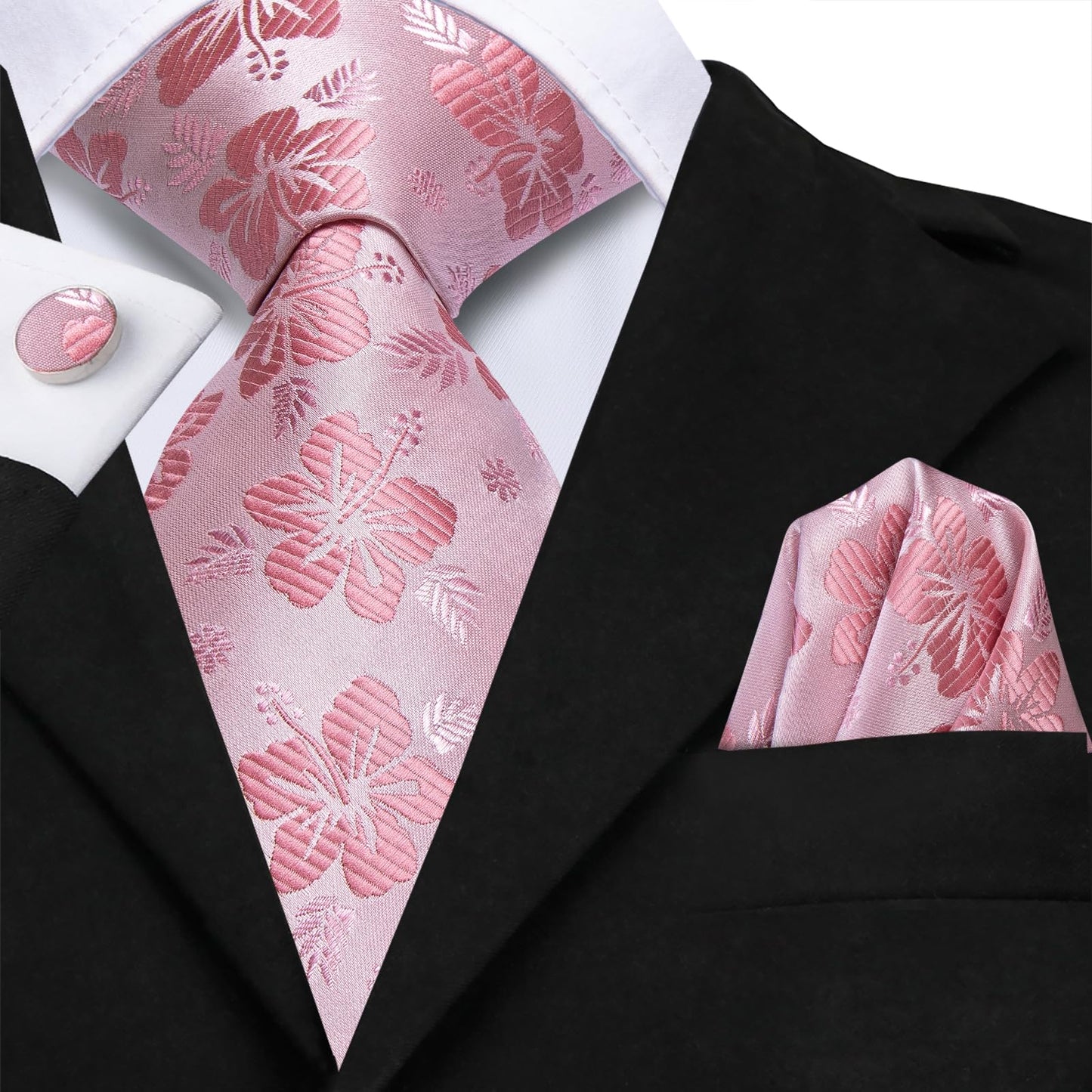 Hi-Tie 70'' Extra Long Ties for Men Silk Pink Mens Long Ties Set Floral Necktie and Pocket Square Cufflink for Wedding