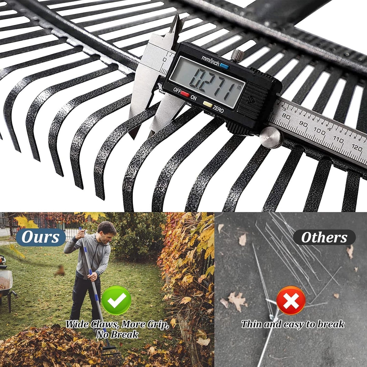 Rake, Garden Rake for Leaves, Leaf Rake Heavy Duty for Yard,Lawn,Shrub,Grass,Mulch, 18" Metal Head,6ft Adjustable Long Handle,Adults Kids Rake for Gardening