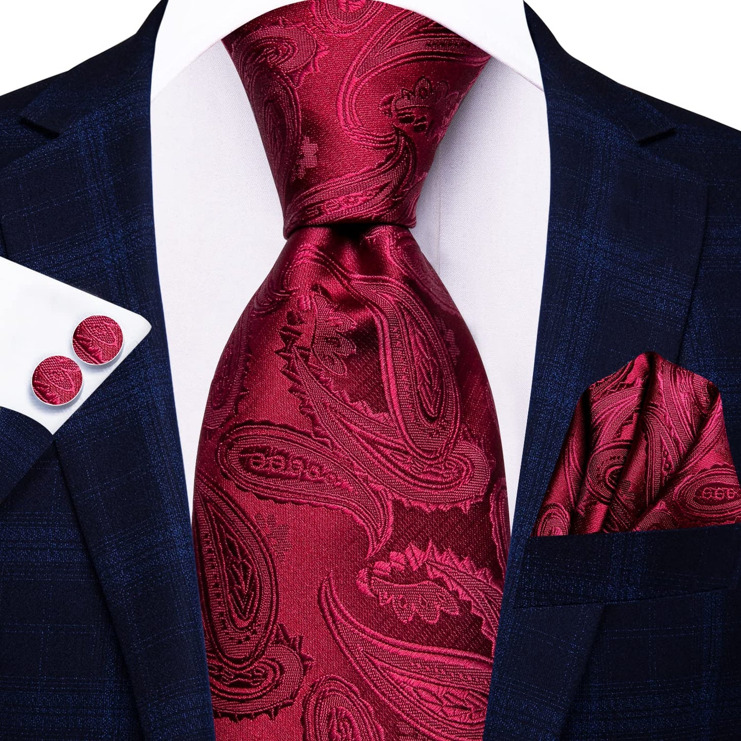 Hi-Tie 70'' Burgundy Ties for Men Silk Paisley Extra Long Men's Ties Set Necktie and Pocket Square Cufflinks for Wedding