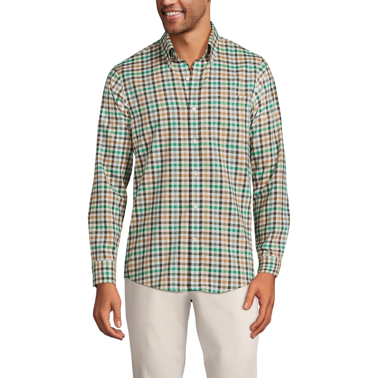 Lands' End Mens Traditional Fit No Iron Twill Shirt Fresh Evergreen/Green Plaid Tall X-Large