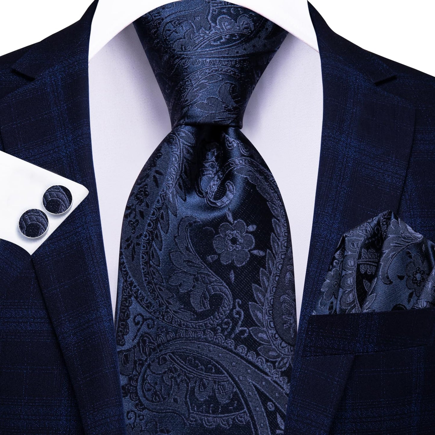 Hi-Tie 70'' Navy Ties for Men Silk Paisley Extra Long Mens Ties Set Dress Necktie and Pocket Square Cufflink for Wedding
