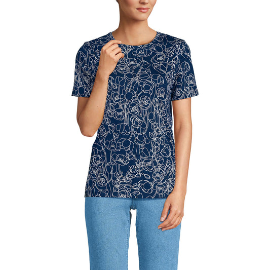 Lands' End Womens Short Sleeve Relaxed Supima Cotton Crew Neck T Shirt Deep Sea Navy Poetic Floral Tall Medium