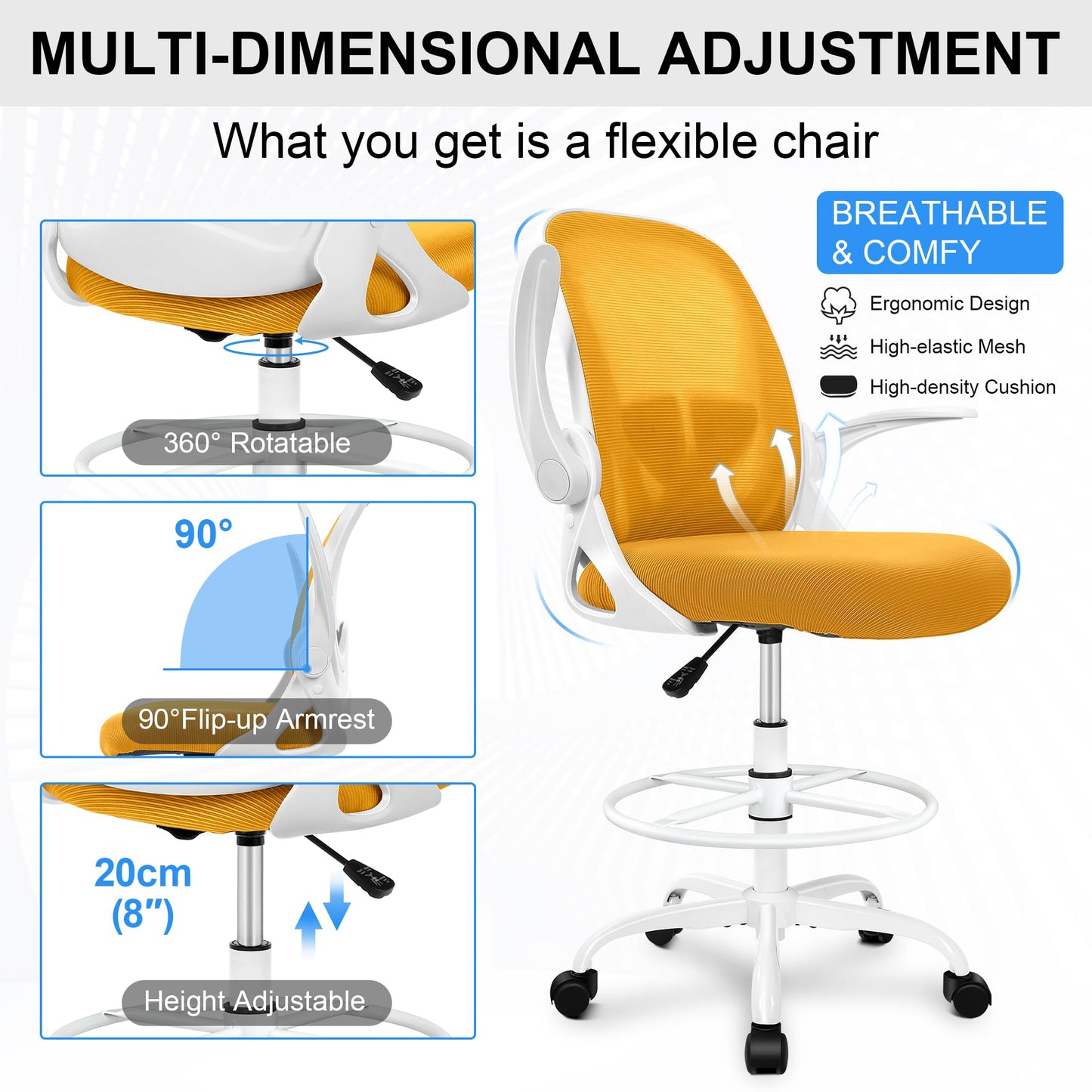 Primy Drafting Chair Tall Office Chair with Flip-up Armrests Executive Ergonomic Computer Standing Desk Chair with Lumbar Support and Adjustable Footrest Ring (Mustard)