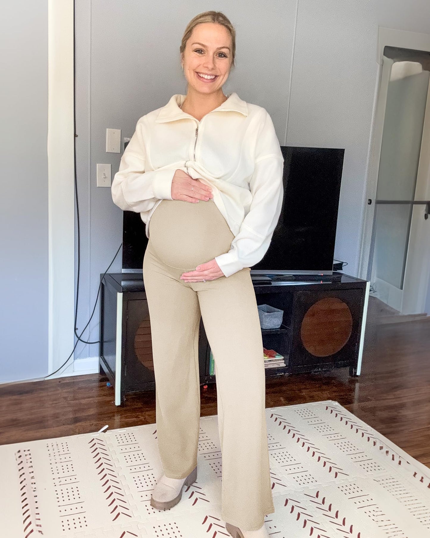 G4Free Maternity Yoga Pants Over The Belly Strechy Pregnancy Dress Pants Wide Leg Yoga Workout Casual Lounge Slacks (Light Khaki,XXL,32")