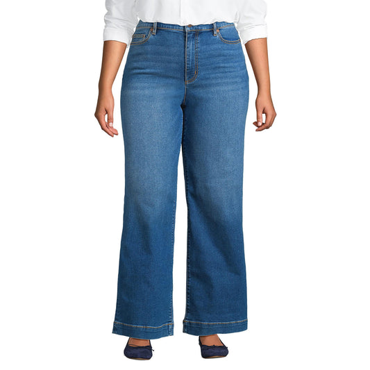 Lands' End Womens Recover HR Wide Leg Blue Jeans Indigo Tide Blue Regular 4 32