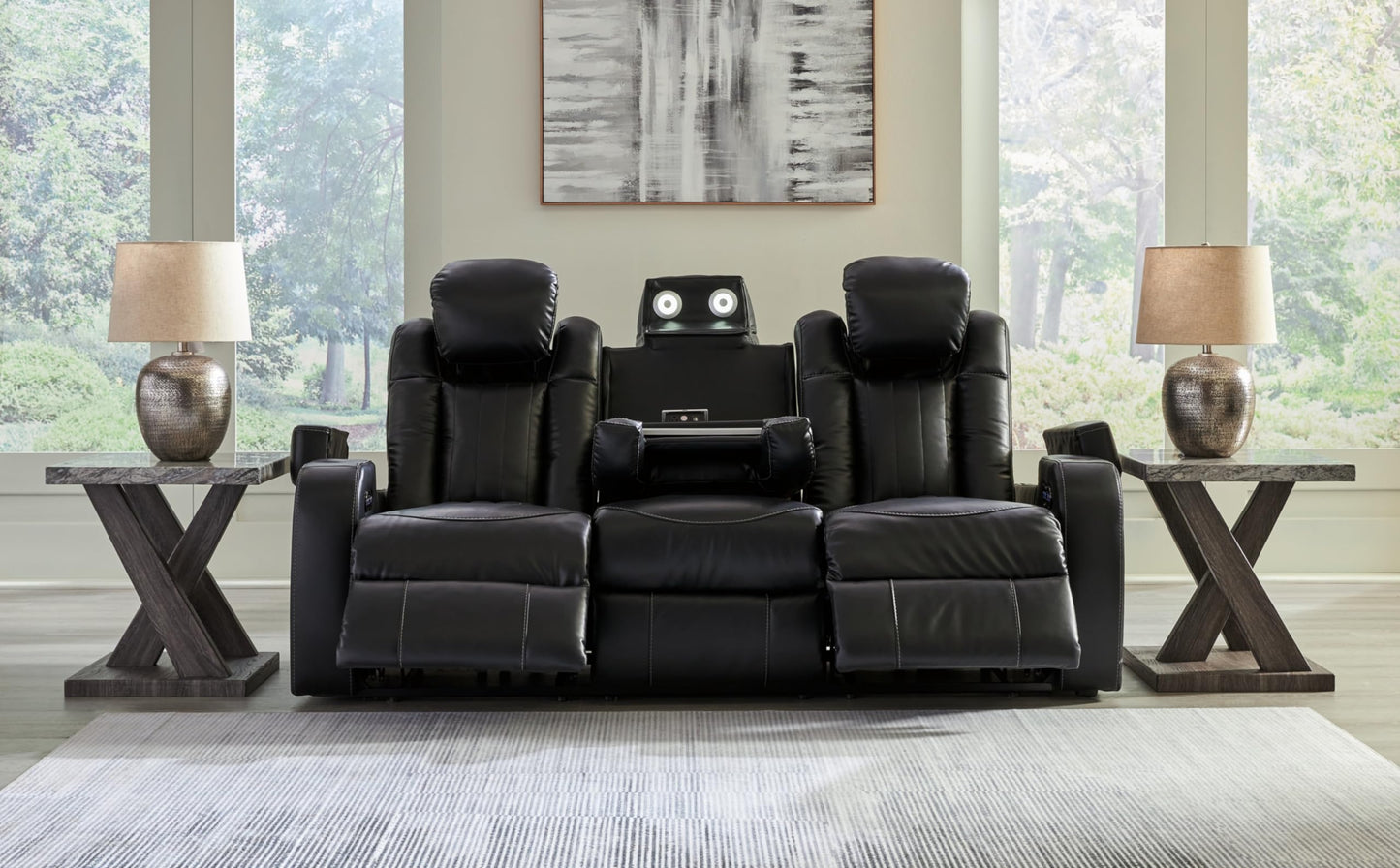 Signature Design by Ashley Caveman Den Modern Faux Leather Power Reclining Sofa with Adjustable Headrest, Drop Down Table, Electrical Outlets and LED Reading Lights, Black